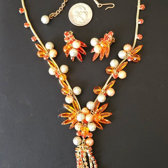 Vintage D and E Juliana Orange Rhinestone and Bead Dangle Necklace & Earring Set - Picture 5 of 8